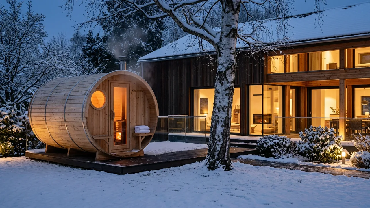 Eine Fasssauna aus hellem Holz mit beleuchtetem Fenster auf der Holzterrasse eines eleganten modernen Hauses an einem verschneiten Winterabend, mit Birke und zwei weißen Handtüchern auf einer Bank