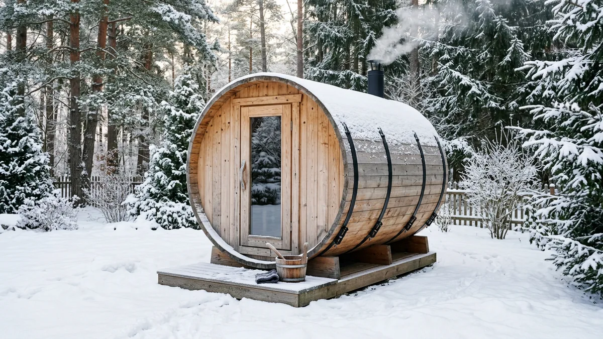 Eine Fasssauna aus runden Fichtendauben mit schwarzen Stahlbändern und Glastür auf einem Holzpodest in einem verschneiten Garten mit Kiefern, davor ein Holzkübel mit Kelle