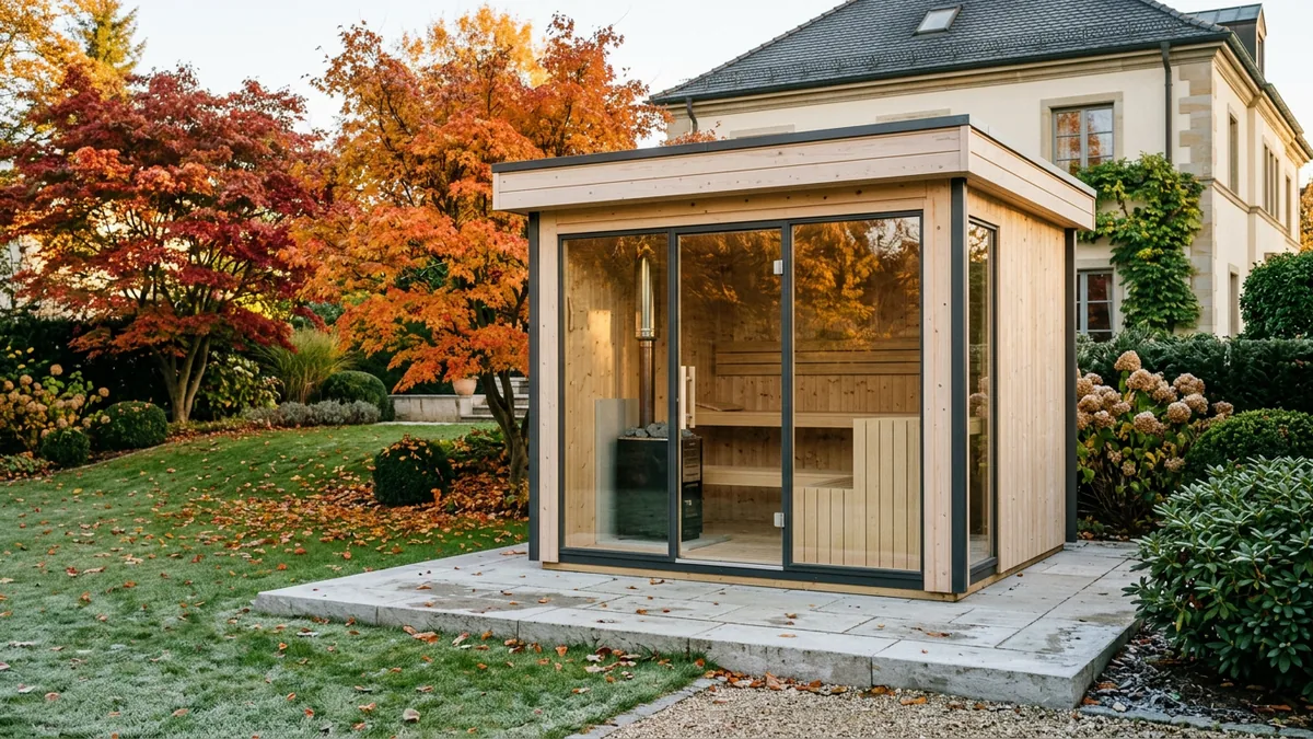 Ein modernes Saunahaus aus hellem Fichtenholz mit Flachdach und großer Glasfront in einem gepflegten Garten mit Ahornbäumen im Herbst