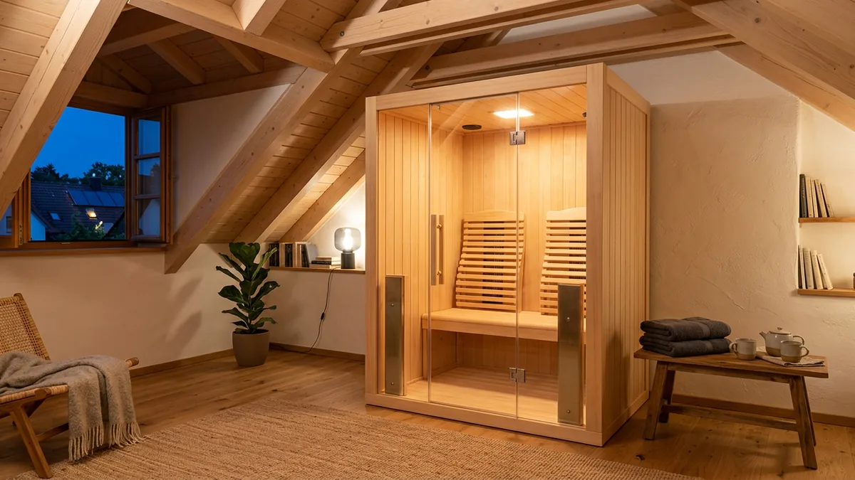 Eine kompakte Infrarotkabine für zwei Personen aus hellem Holz mit Ganzglastür in einem gemütlichen Dachzimmer am Abend, daneben zwei Handtücher und zwei Tassen Tee