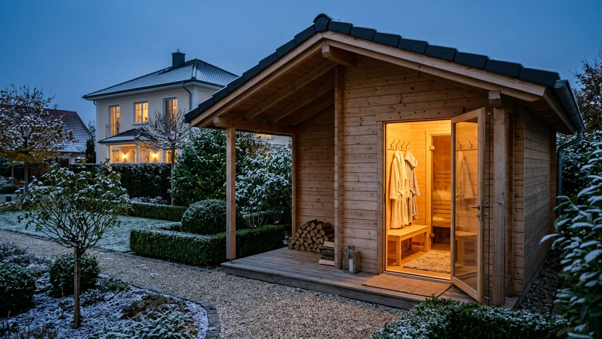 Ein Saunahaus aus Fichtenholz mit überdachter Veranda und kleinem Vorraum mit eigener Glastür, darin eine Bank und zwei Bademäntel, in einem gepflegten Garten in der Abenddämmerung