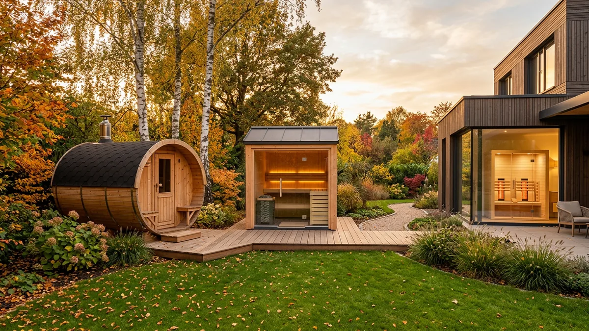 Ein großer gepflegter Garten im Herbst mit einer Fasssauna und einer kleinen Gartensauna mit Glasfront auf Holzdecks, im Fenster des modernen Hauses daneben eine helle Infrarotkabine