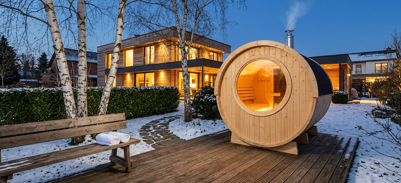 Eine Fasssauna aus hellem Holz mit beleuchtetem Fenster auf einer Holzterrasse in einem gepflegten deutschen Garten mit Birken an einem Winterabend