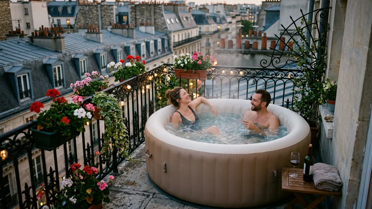Un couple se détend dans un petit spa gonflable rond beige sur le balcon d'un immeuble haussmannien à Paris, au crépuscule, entre géraniums et toits en zinc