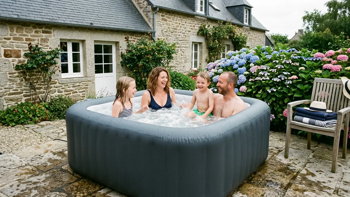 Une famille de quatre rit dans un spa gonflable carré gris foncé sur la terrasse pavée d'une maison bretonne en granit, devant un massif d'hortensias