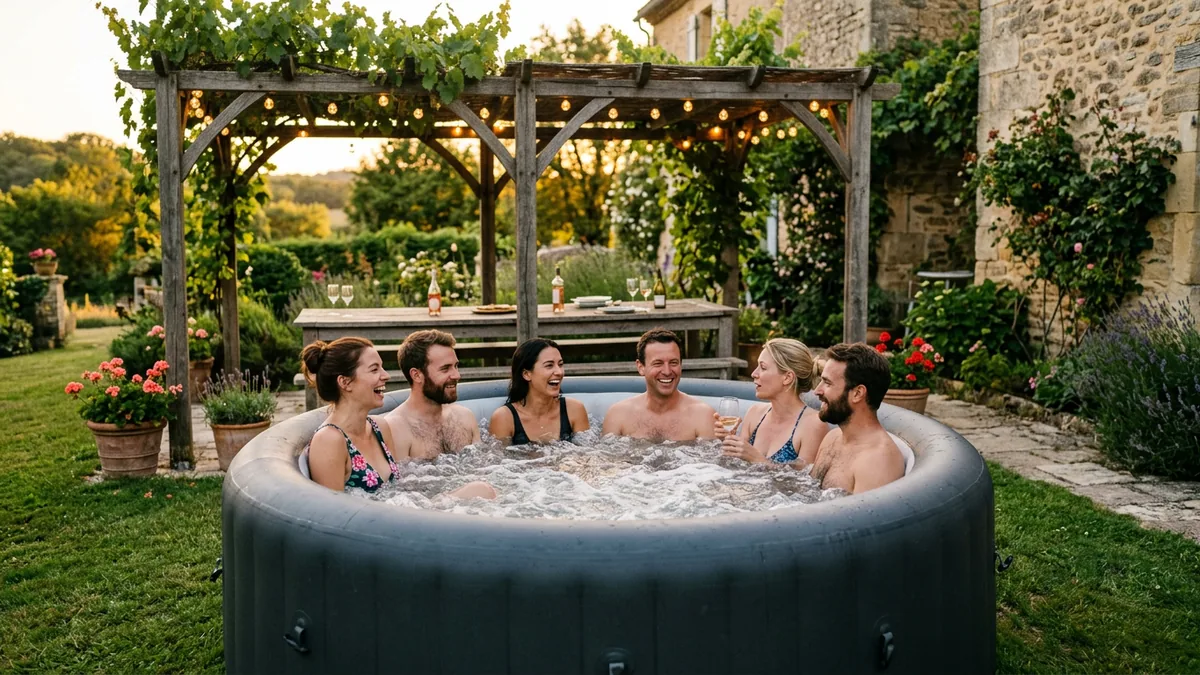 Six amis bavardent dans un grand spa gonflable rond anthracite sur la pelouse d'une maison de campagne en Dordogne, sous une pergola de vigne illuminée
