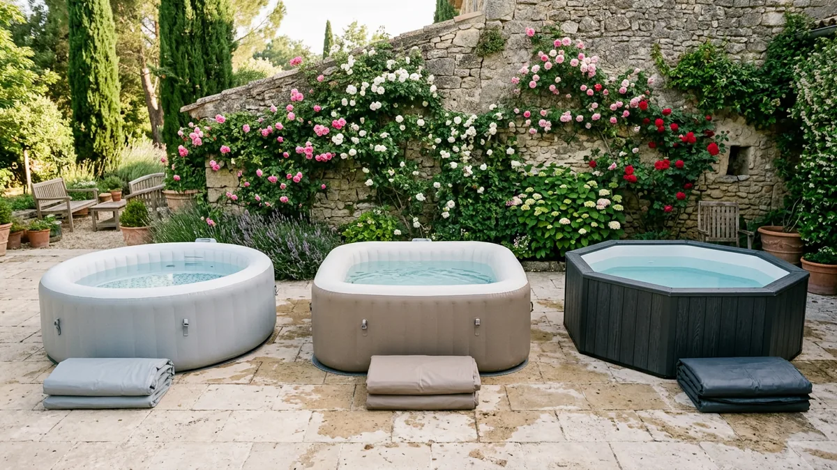Trois spas d'extérieur côte à côte sur un patio en pierre, un rond gonflable gris, un carré gonflable beige et un octogonal semi-rigide anthracite, avec leurs couvertures pliées