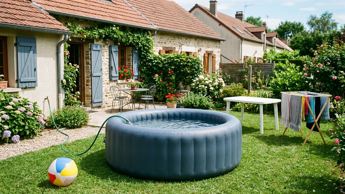 Un spa gonflable rond bleu-gris se remplit au tuyau d'arrosage sur la pelouse d'une maison de lotissement, à côté d'un étendoir à linge et d'un ballon de plage