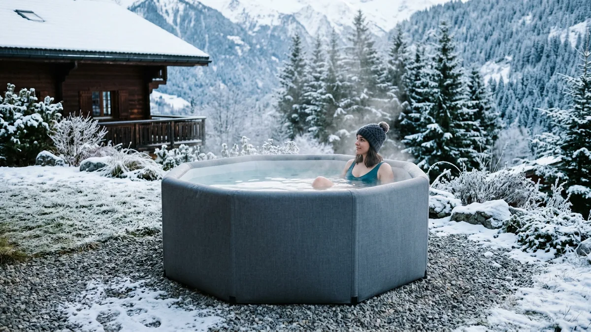 Une personne coiffée d'un bonnet en laine se baigne dans un spa semi-rigide octogonal gris qui fume dans le jardin givré d'un chalet alpin