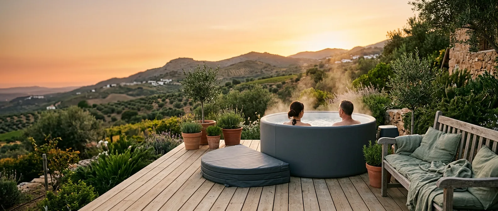 Dos personas en un jacuzzi hinchable redondo sobre una terraza de madera con olivos, al atardecer frente a las colinas