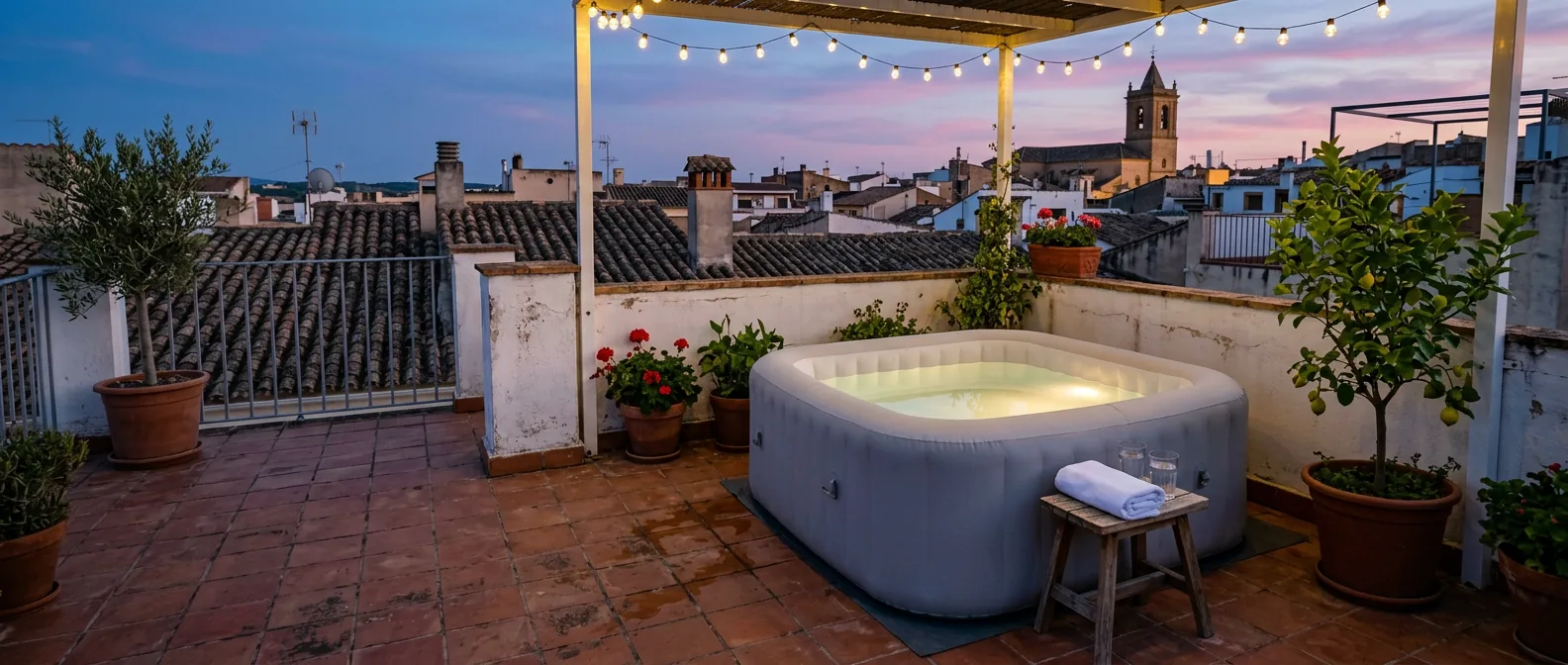 Un jacuzzi hinchable cuadrado iluminado en la azotea de un pueblo al anochecer, con macetas de geranios y un limonero