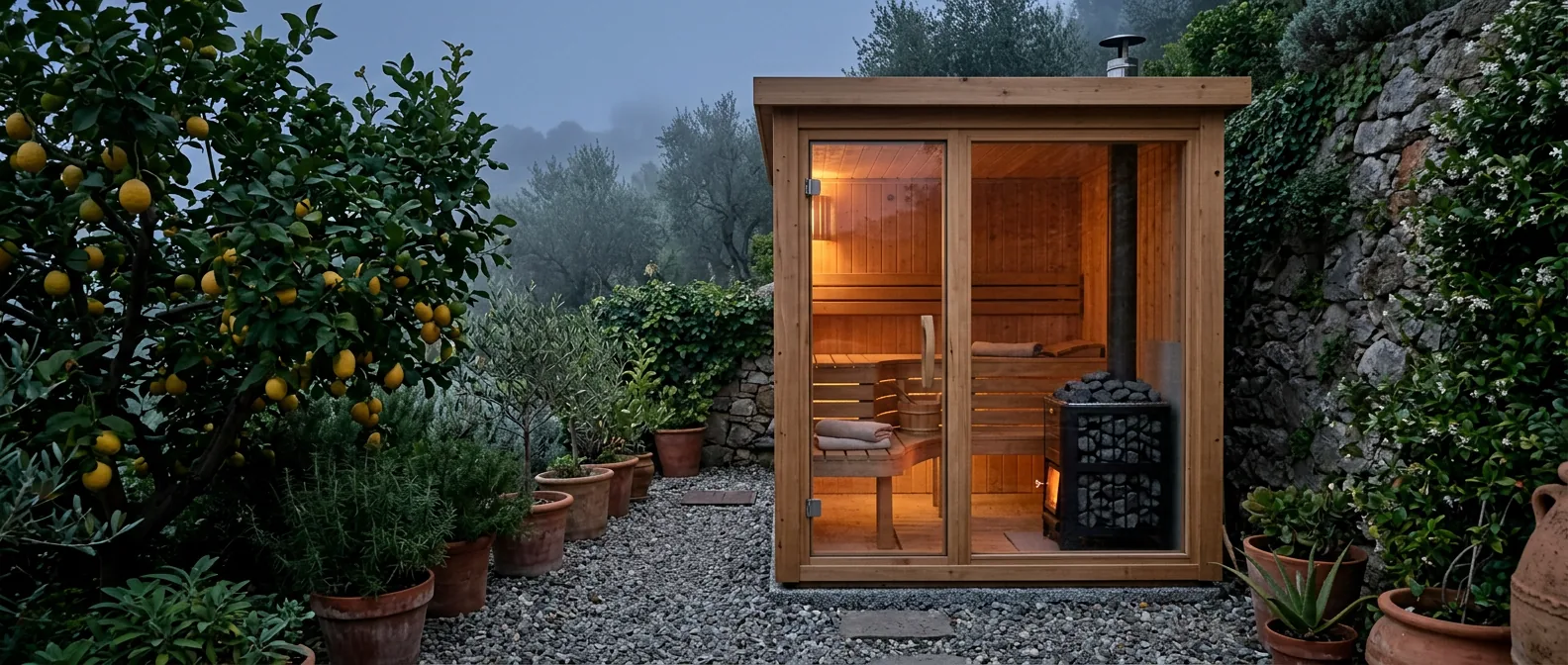 Una pequeña sauna de jardín de madera con frontal de cristal, iluminada por dentro, entre un limonero y macetas de barro una tarde de niebla