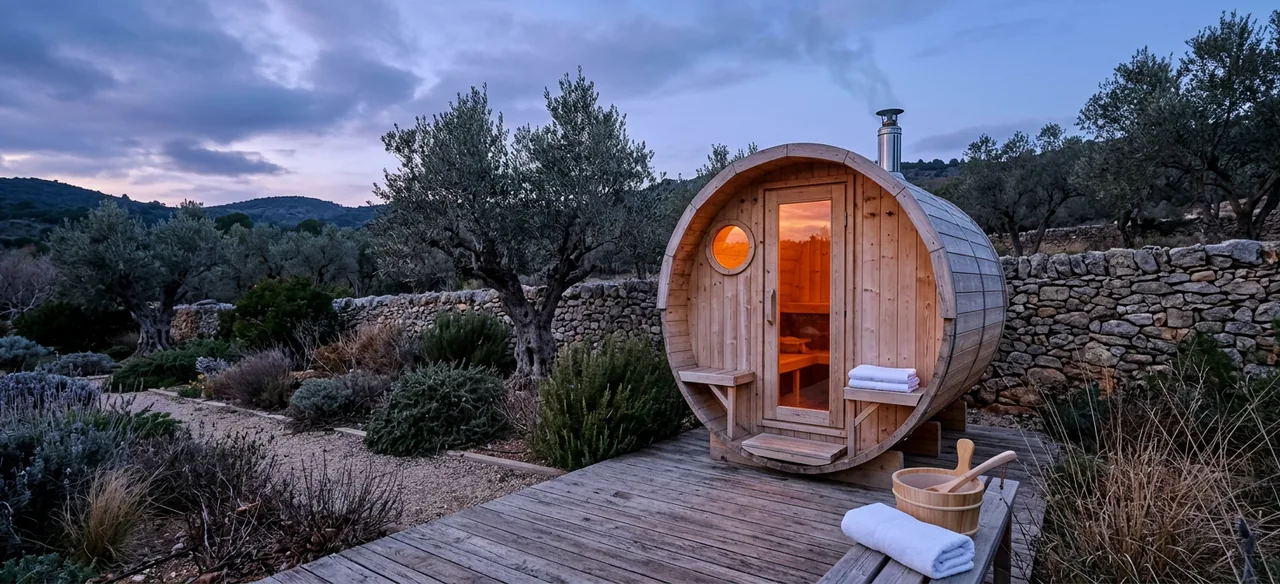 Una sauna de barril de madera con la ventana iluminada por dentro en un jardín con olivos y muro de piedra al anochecer, con toallas y un cubo de madera en la tarima