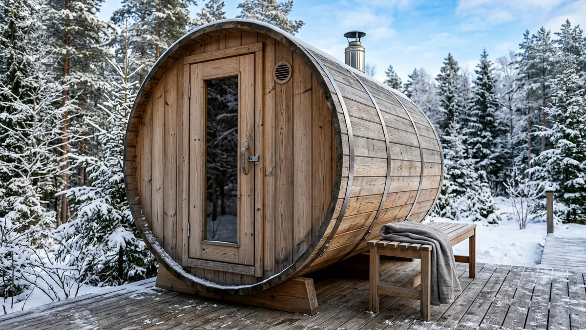 Una sauna de barril de duelas de madera con aros de acero y puerta acristalada sobre una tarima, con un banco y una manta, entre pinos nevados