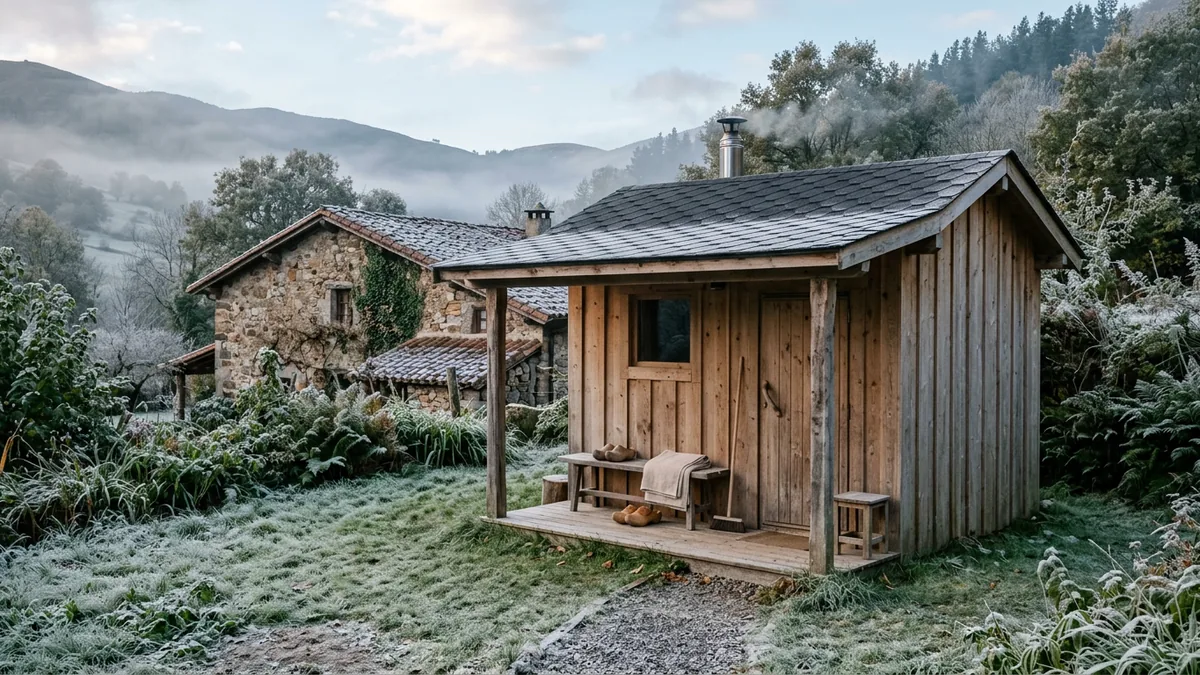 Una caseta de sauna de madera con porche y tejado de tela asfáltica en el jardín helado de una casa de piedra del norte, una mañana de invierno