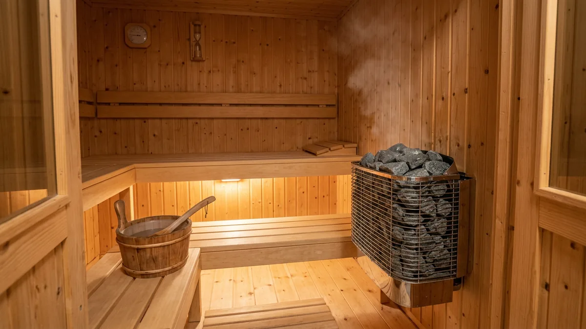 El interior de una sauna finlandesa de madera clara con bancos a dos alturas, una estufa con piedras, un cubo con cazo y un reloj de arena en la pared