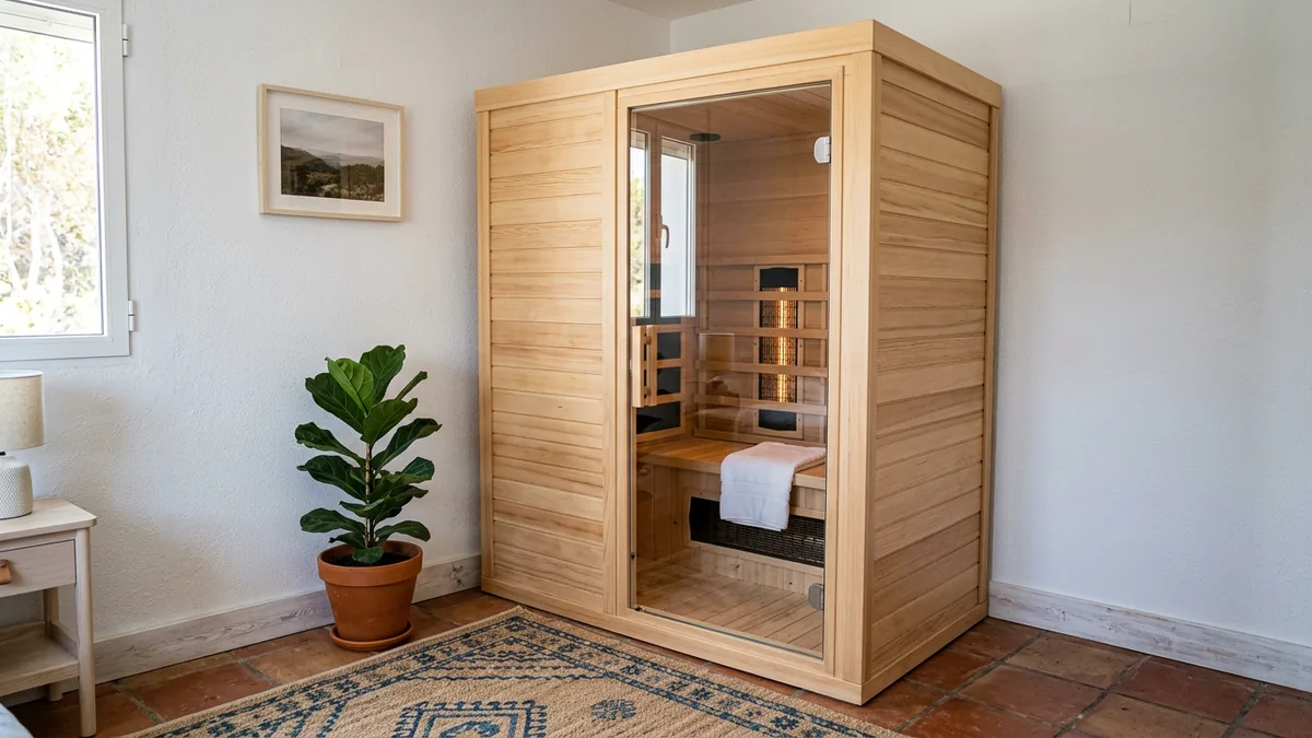 Una cabina de sauna de infrarrojos de madera clara con puerta de cristal en el rincón de una habitación luminosa, con los paneles calefactores en la pared del fondo