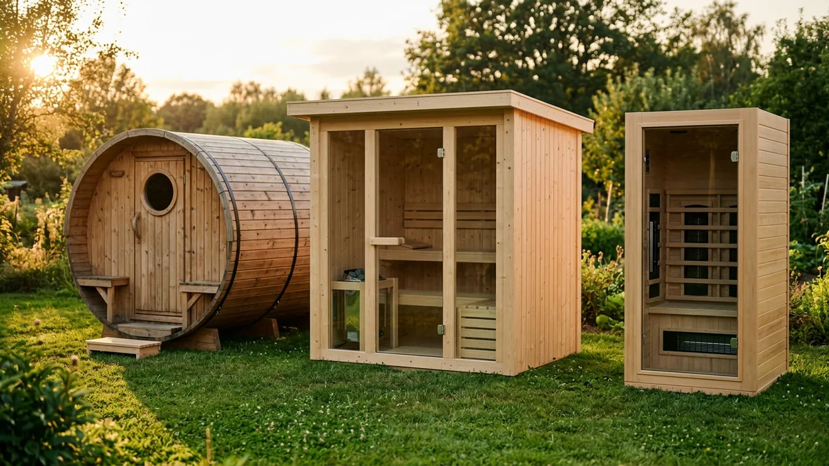 Tres saunas en un jardín al atardecer: una de barril, una caseta pequeña con frontal de cristal y una cabina estrecha de infrarrojos