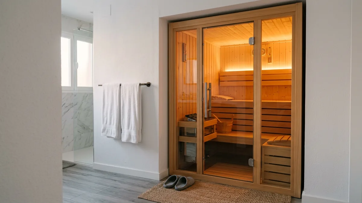 Una sauna pequeña de madera con puerta de cristal encajada en un hueco junto al baño de un piso, con toallas blancas y unas zapatillas