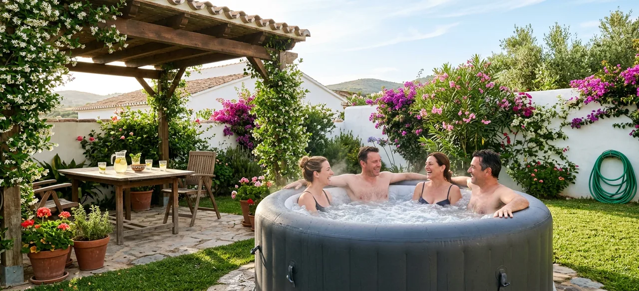 Una familia charla dentro de un jacuzzi hinchable redondo en un jardín soleado con buganvillas y una pérgola de jazmín