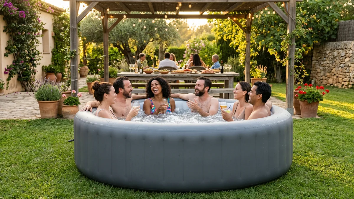 Seis amigos charlan dentro de un jacuzzi hinchable redondo grande en el césped de un jardín, con una pérgola detrás