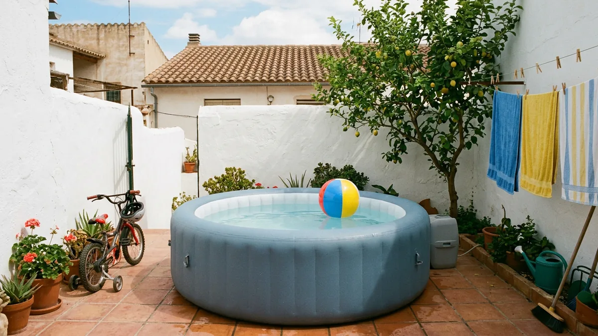 Un jacuzzi hinchable sencillo con una pelota flotando en el patio de una casa adosada, con un limonero y toallas tendidas