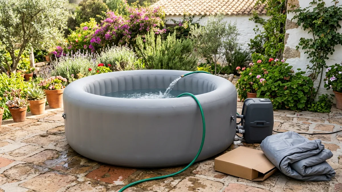 Un jacuzzi hinchable redondo llenándose con la manguera del jardín, con su bomba al lado, la caja y la cubierta plegada
