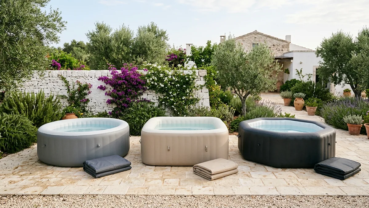 Tres jacuzzis exteriores de formas distintas, redondo, cuadrado y octogonal, uno al lado del otro en un patio de piedra
