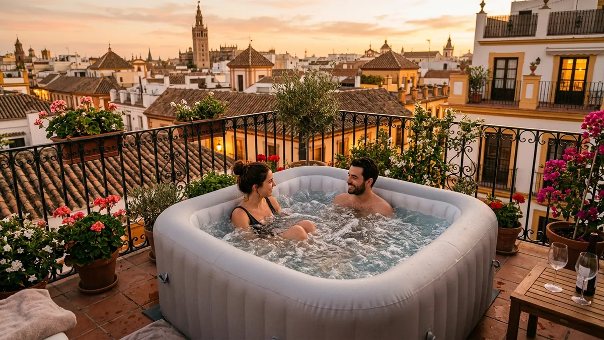Una pareja en un jacuzzi hinchable cuadrado en la terraza de un piso al atardecer, con macetas y tejados detrás