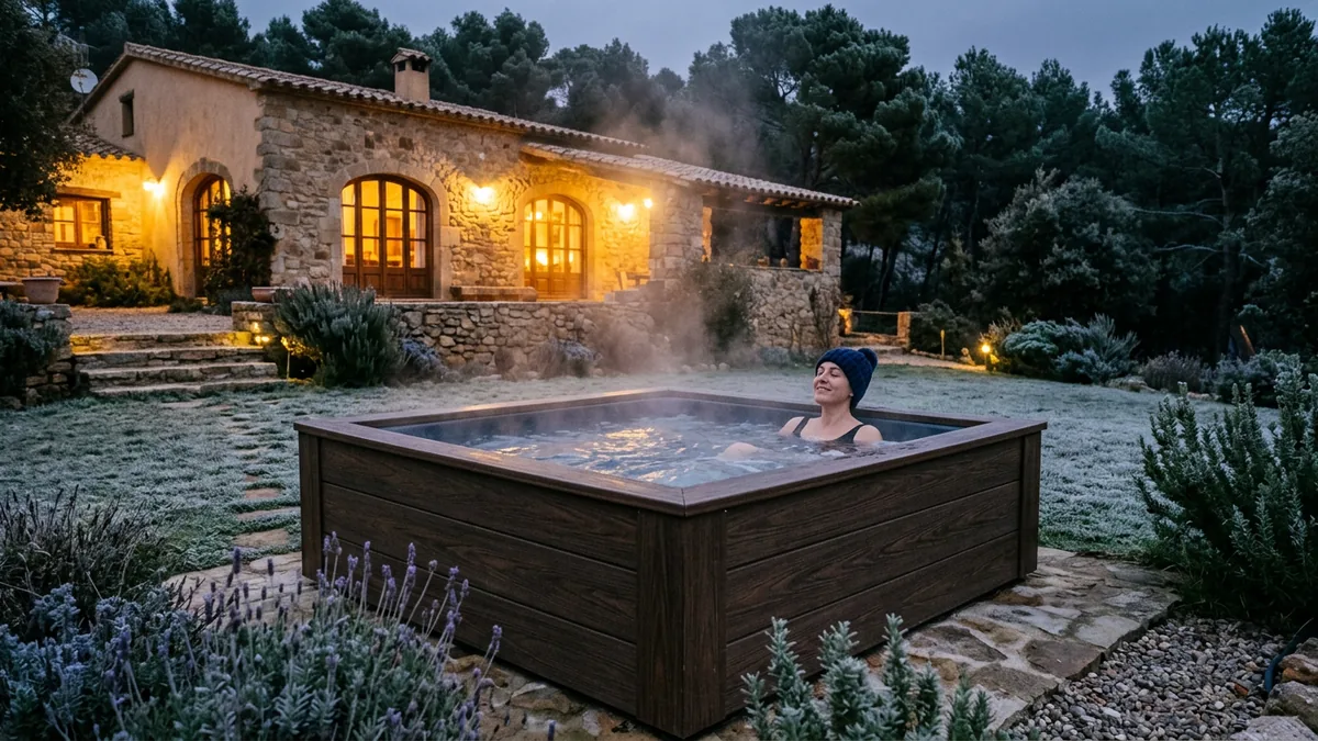 Una persona con gorro de lana en un jacuzzi de paneles de madera que humea en el jardín helado de una casa de piedra