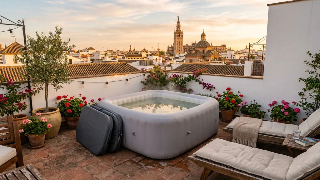 Un jacuzzi hinchable cuadrado humea en la azotea de un piso, con la cubierta plegada al lado, geranios, tumbonas y los tejados de la ciudad al atardecer